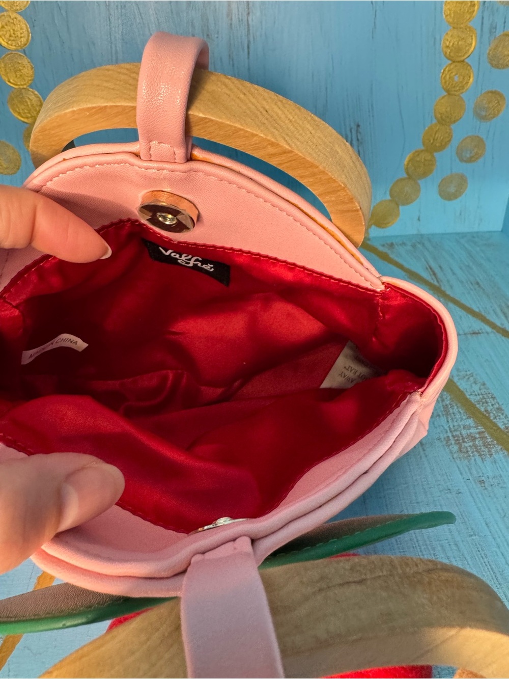 Valfre Cherry Pink Women’s Pleather Wooden Top-Handle Clutch - Picture 10 of 11